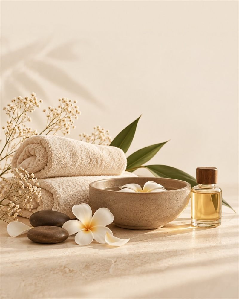 Handdoeken, massageolie en bloemen in een warme spa-setting