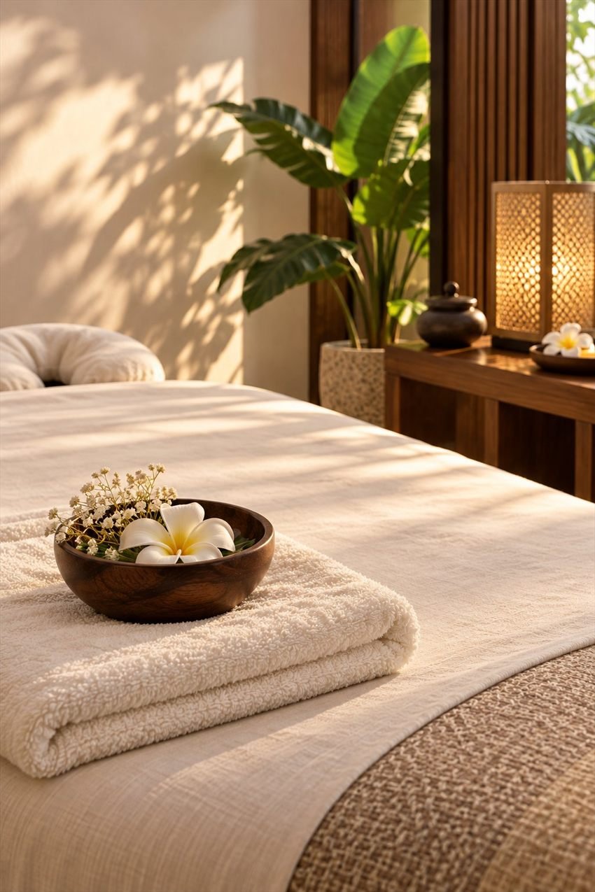 Een warme massageplek met zachte handdoeken en een plumeria