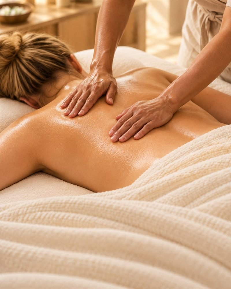 Zachte oliemassage met beide handen over de schouders