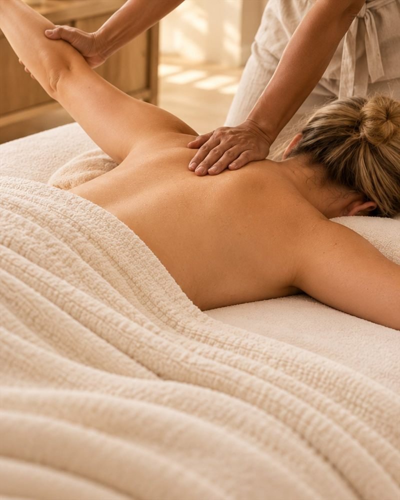 De masseuse geeft een Thaise massage met druk en een rustige stretchbeweging